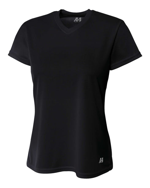 A4 Women's Short Sleeve V-Neck Birds Eye Mesh Tee (NW3254), Color 'Black'